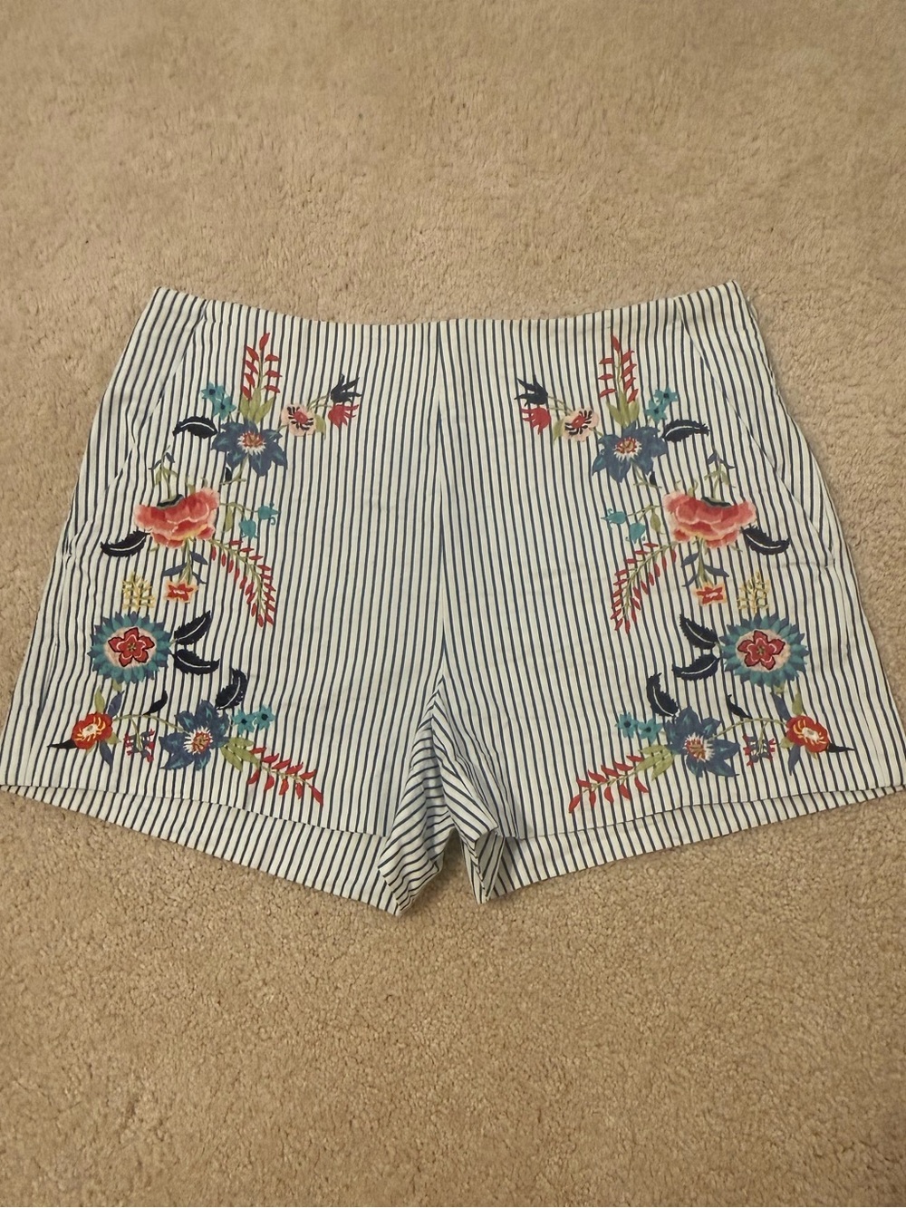 LOFT Blue-and-White Striped High-Waist Shorts with Multicolor Floral Embroidery